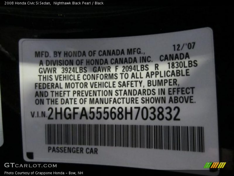 Nighthawk Black Pearl / Black 2008 Honda Civic Si Sedan