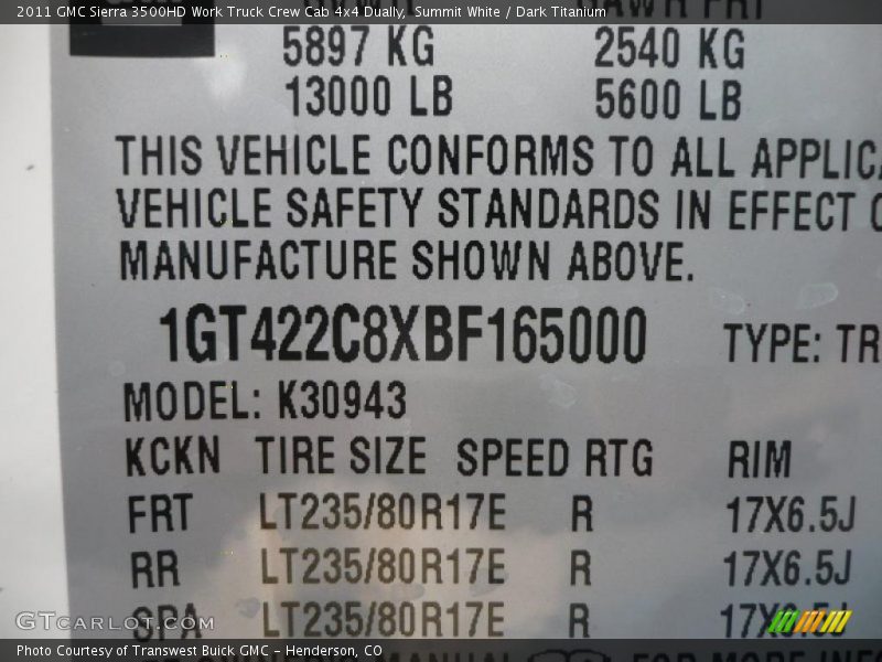 Info Tag of 2011 Sierra 3500HD Work Truck Crew Cab 4x4 Dually