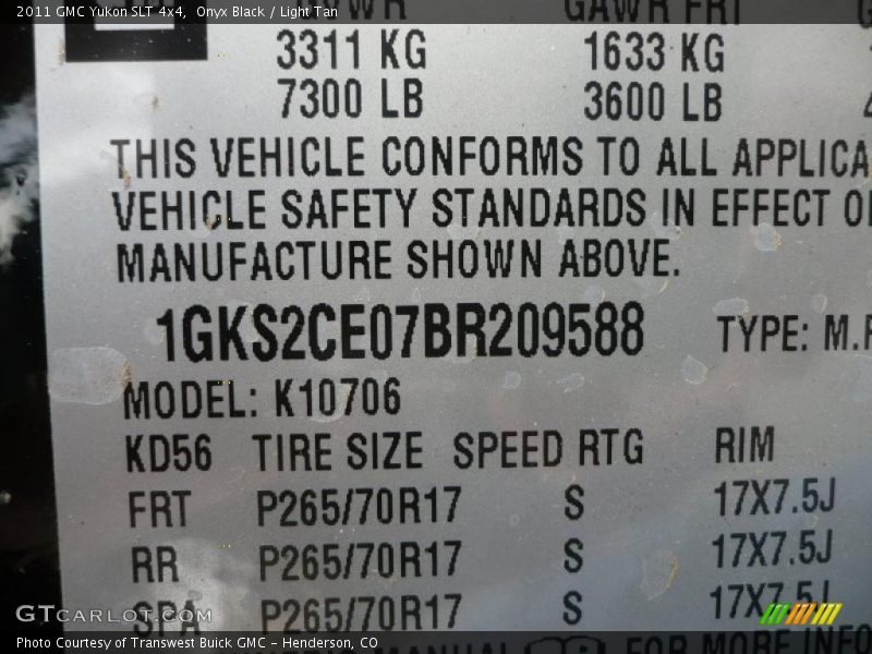 Info Tag of 2011 Yukon SLT 4x4