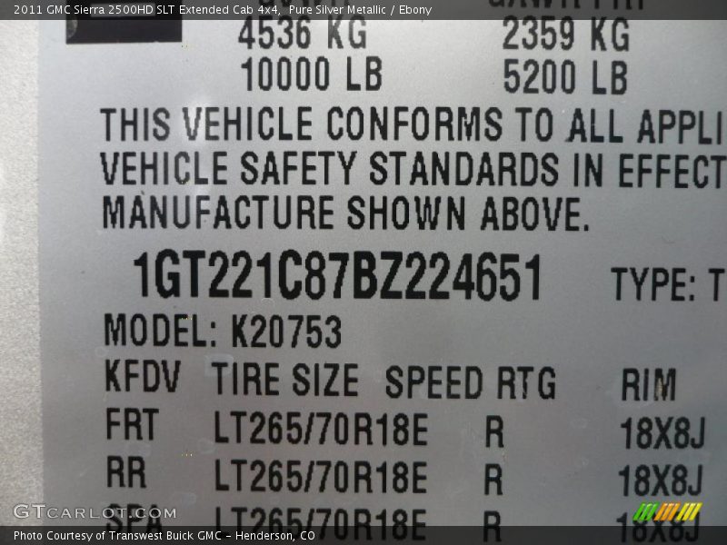 Info Tag of 2011 Sierra 2500HD SLT Extended Cab 4x4