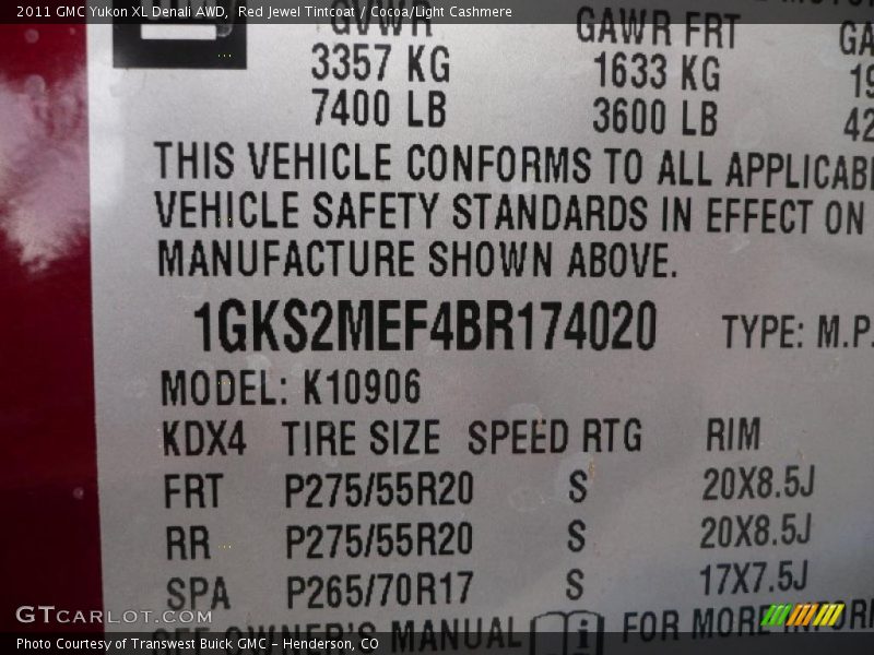 Info Tag of 2011 Yukon XL Denali AWD