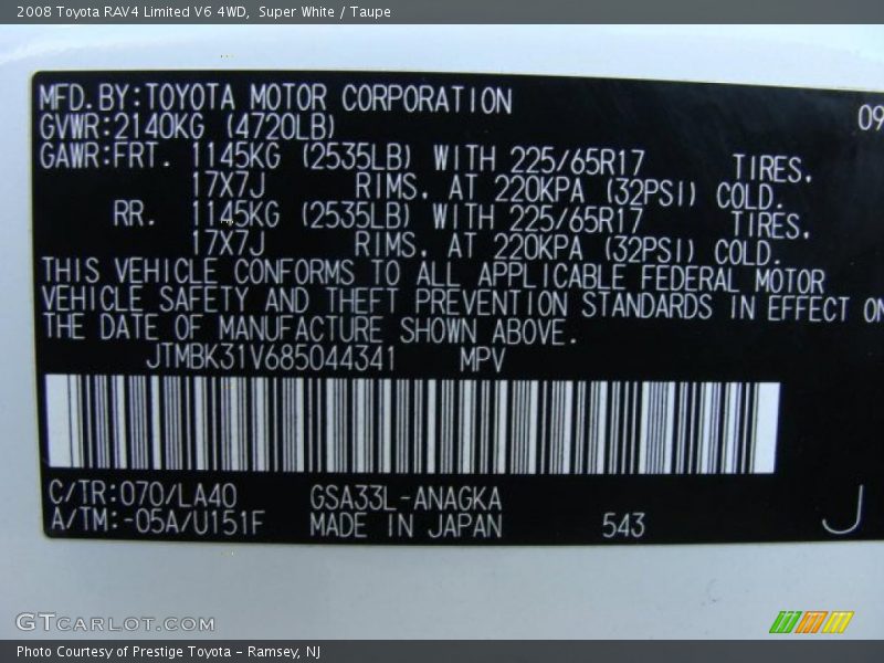 Super White / Taupe 2008 Toyota RAV4 Limited V6 4WD