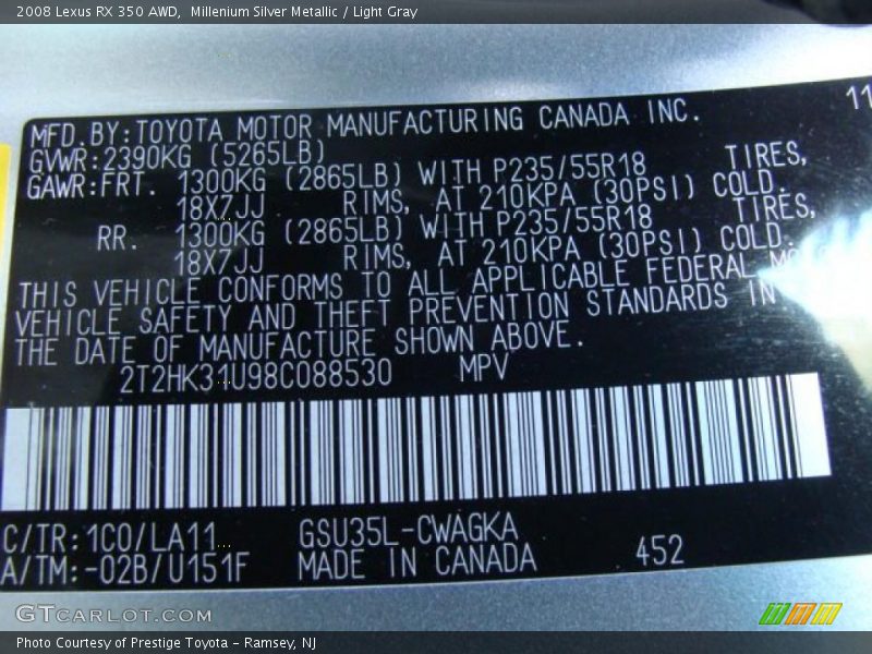 Millenium Silver Metallic / Light Gray 2008 Lexus RX 350 AWD