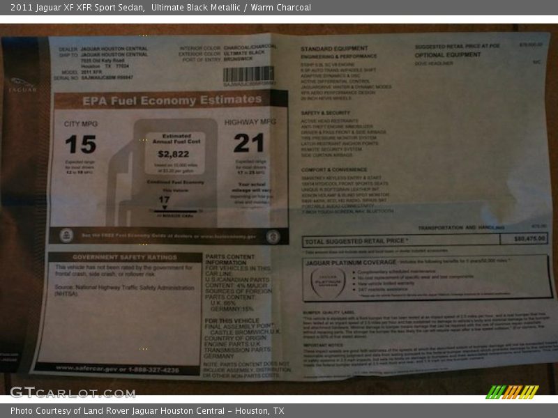  2011 XF XFR Sport Sedan Window Sticker