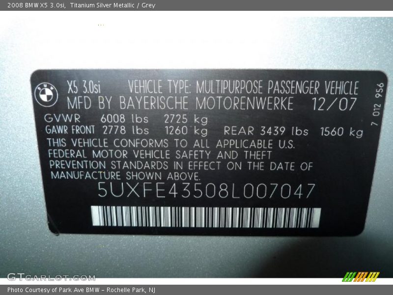 Titanium Silver Metallic / Grey 2008 BMW X5 3.0si
