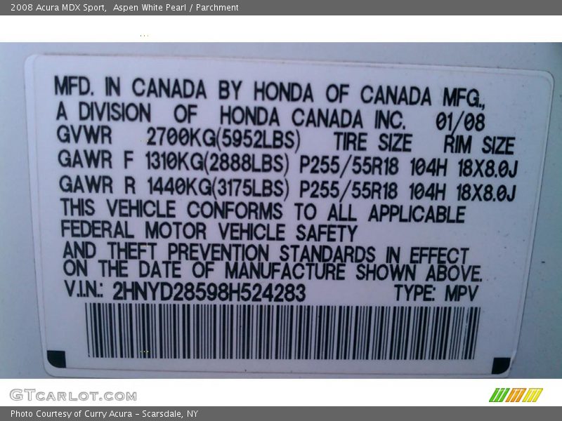 Aspen White Pearl / Parchment 2008 Acura MDX Sport
