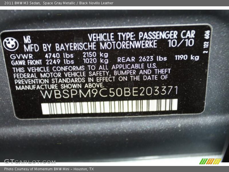 Info Tag of 2011 M3 Sedan