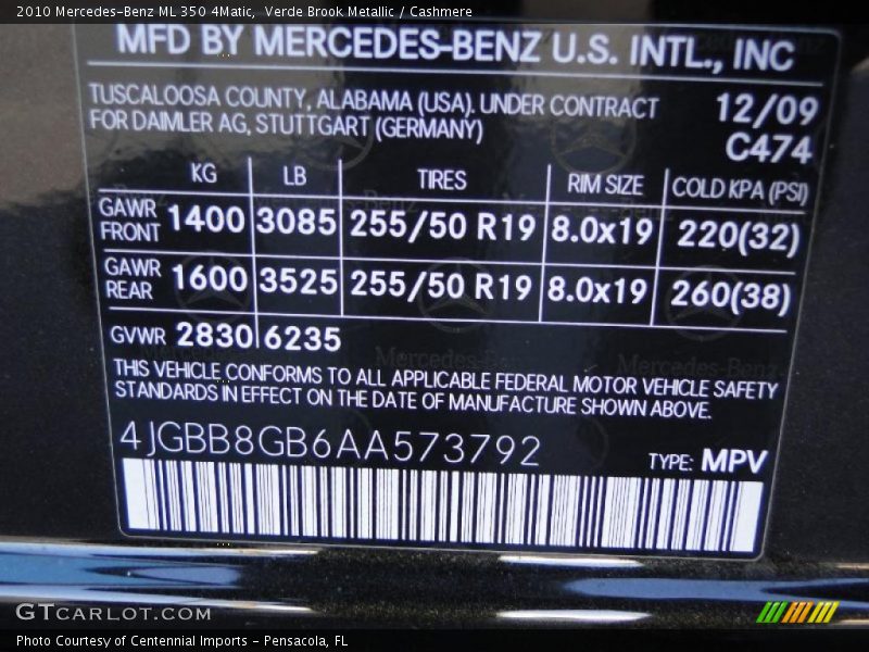 2010 ML 350 4Matic Verde Brook Metallic Color Code 474