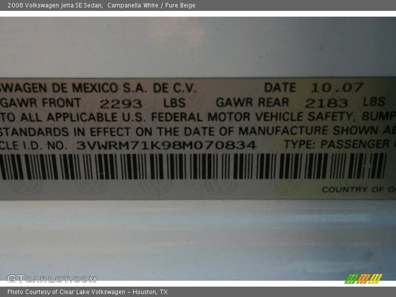 Campanella White / Pure Beige 2008 Volkswagen Jetta SE Sedan