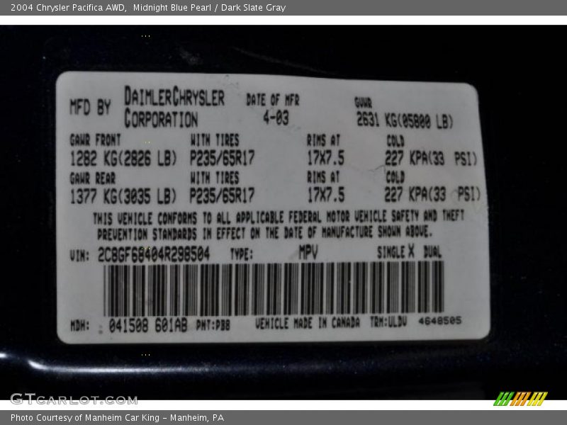 Midnight Blue Pearl / Dark Slate Gray 2004 Chrysler Pacifica AWD