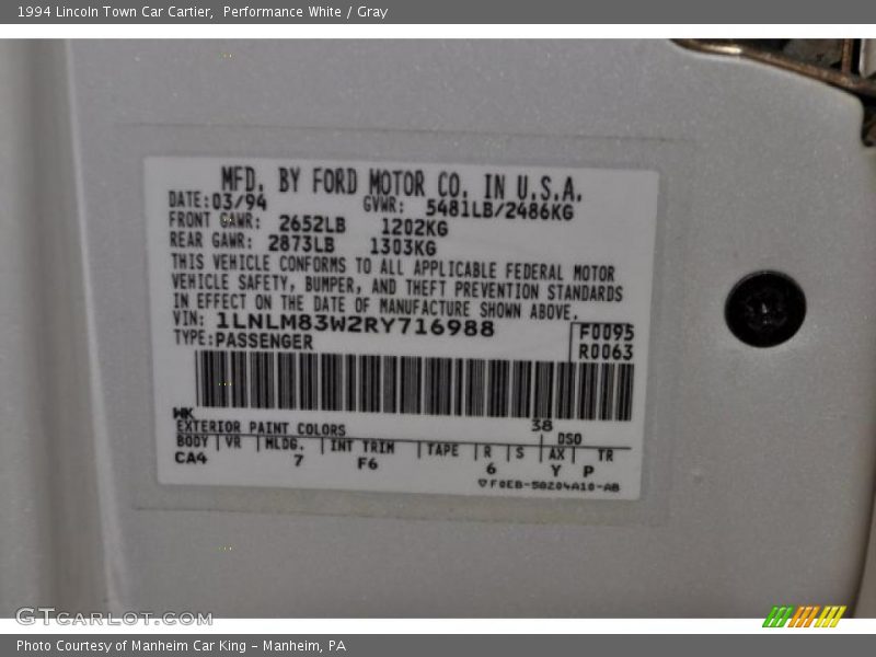 Performance White / Gray 1994 Lincoln Town Car Cartier