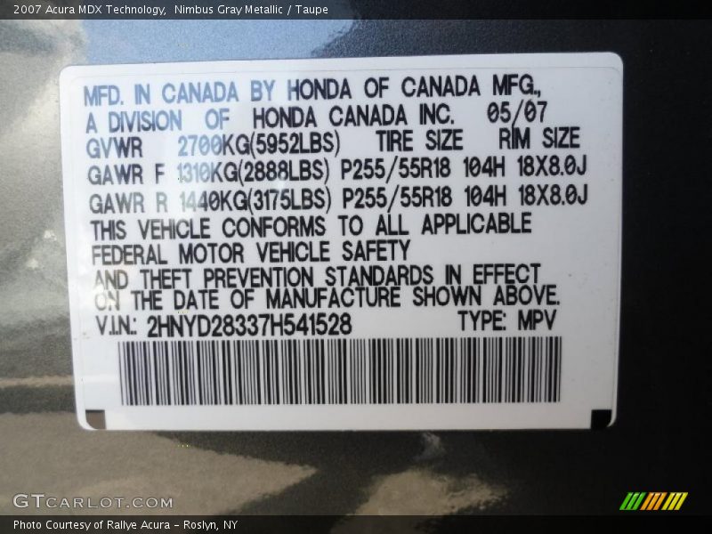 Nimbus Gray Metallic / Taupe 2007 Acura MDX Technology