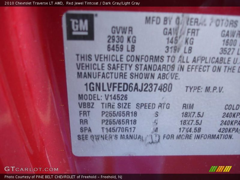 Red Jewel Tintcoat / Dark Gray/Light Gray 2010 Chevrolet Traverse LT AWD