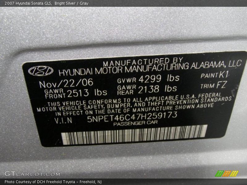 Bright Silver / Gray 2007 Hyundai Sonata GLS