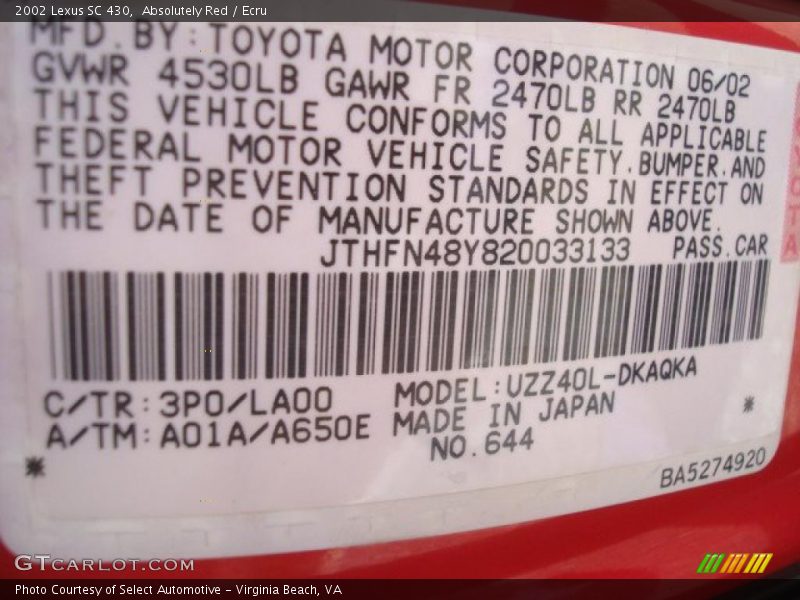2002 SC 430 Absolutely Red Color Code 3P0