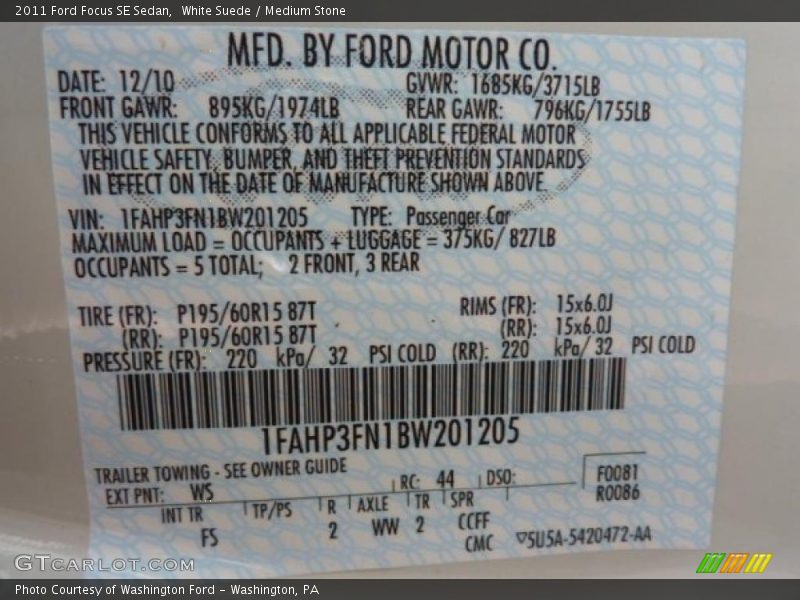 White Suede / Medium Stone 2011 Ford Focus SE Sedan