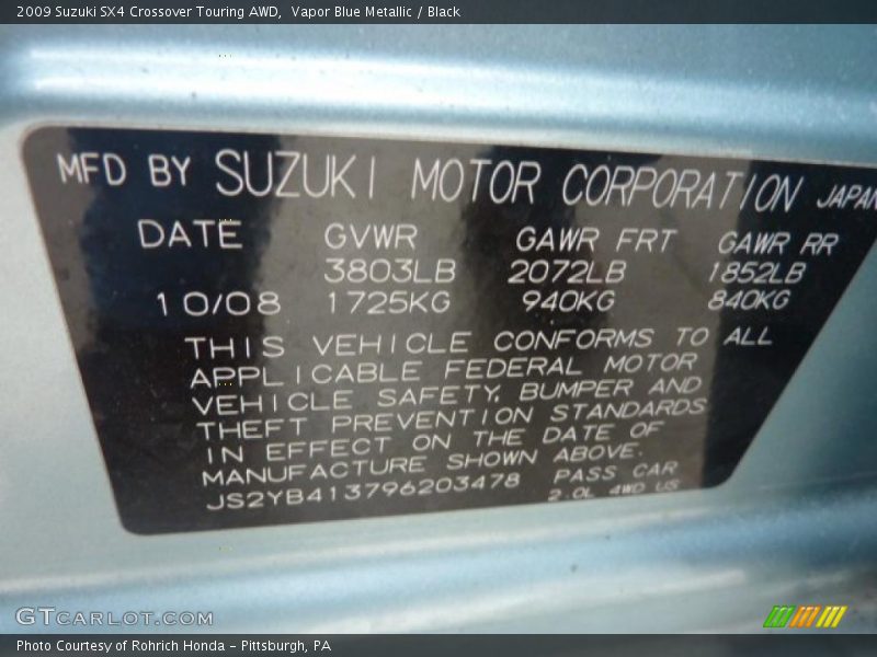 Info Tag of 2009 SX4 Crossover Touring AWD