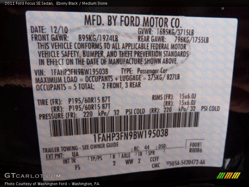 Ebony Black / Medium Stone 2011 Ford Focus SE Sedan