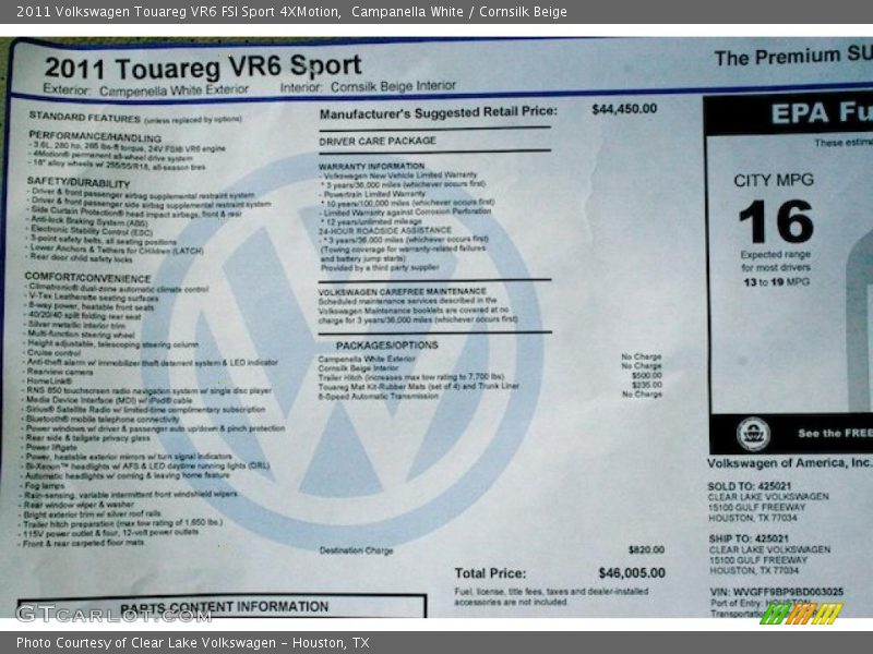  2011 Touareg VR6 FSI Sport 4XMotion Window Sticker