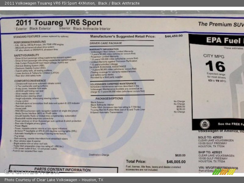  2011 Touareg VR6 FSI Sport 4XMotion Window Sticker