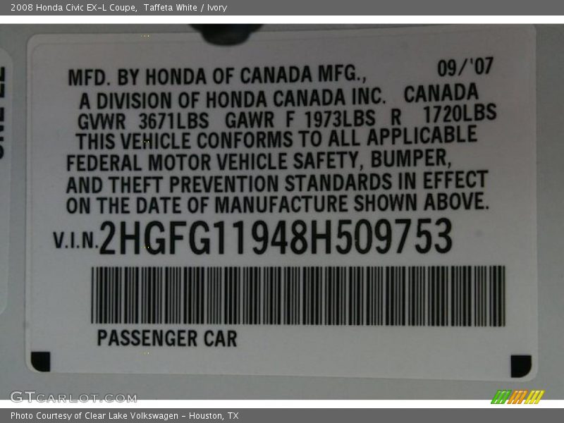 Taffeta White / Ivory 2008 Honda Civic EX-L Coupe