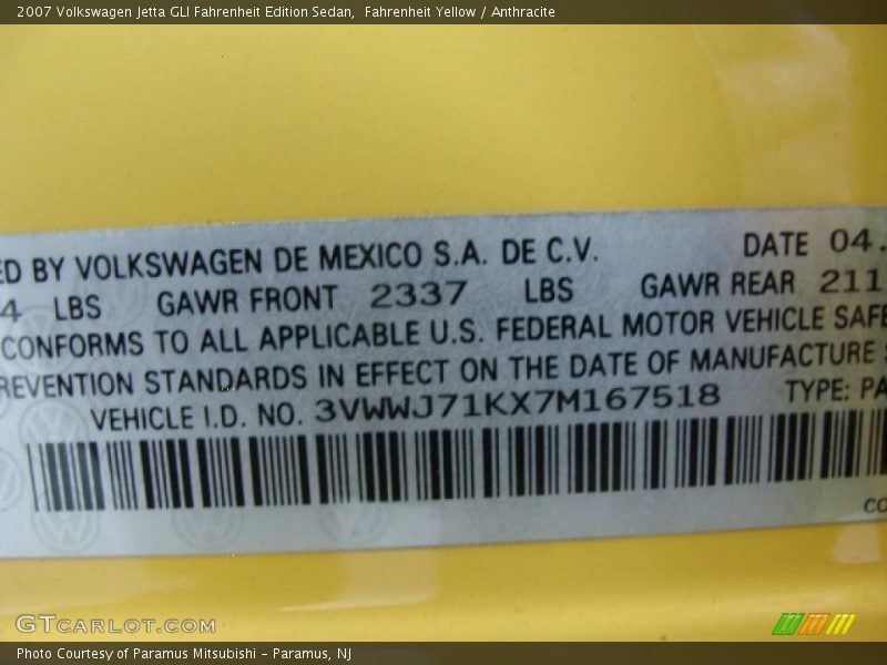 Info Tag of 2007 Jetta GLI Fahrenheit Edition Sedan
