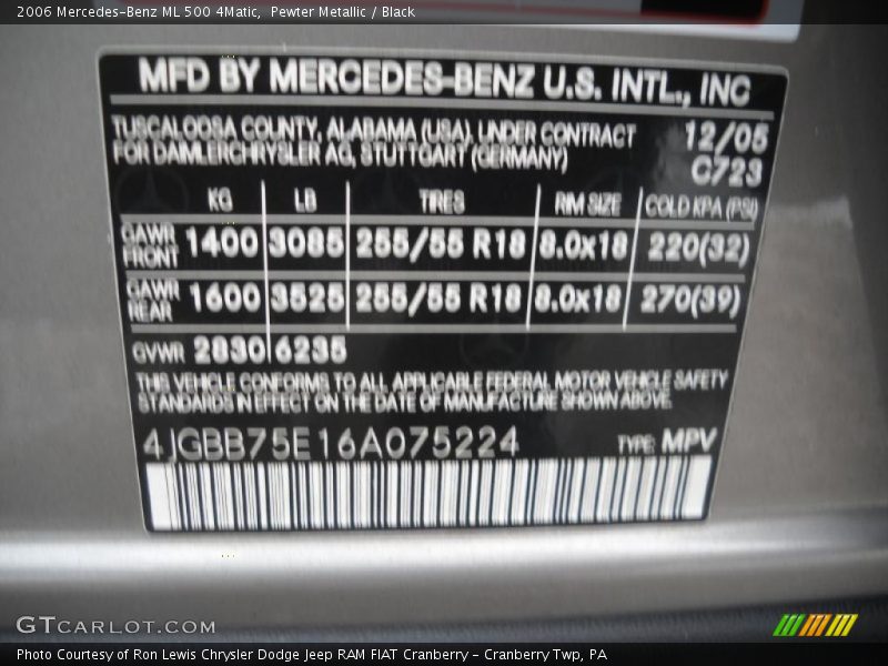 2006 ML 500 4Matic Pewter Metallic Color Code 723
