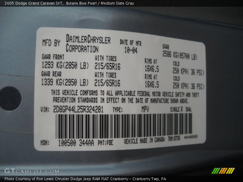 2005 Grand Caravan SXT Butane Blue Pearl Color Code PBE
