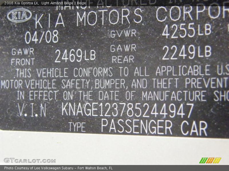 Light Almond Beige / Beige 2008 Kia Optima LX