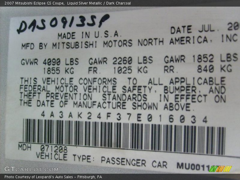Liquid Silver Metallic / Dark Charcoal 2007 Mitsubishi Eclipse GS Coupe
