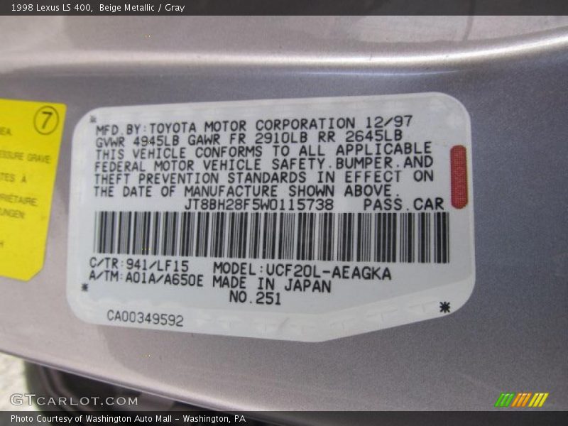 Beige Metallic / Gray 1998 Lexus LS 400