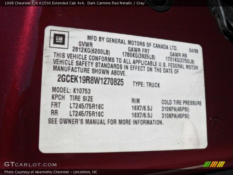 Info Tag of 1998 C/K K1500 Extended Cab 4x4