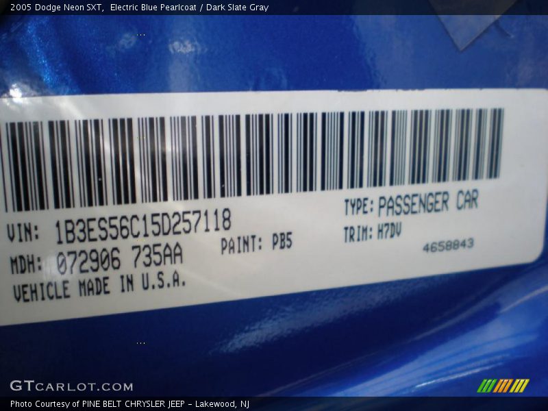 Electric Blue Pearlcoat / Dark Slate Gray 2005 Dodge Neon SXT