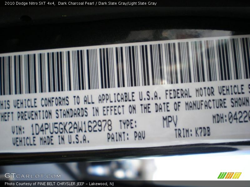 Dark Charcoal Pearl / Dark Slate Gray/Light Slate Gray 2010 Dodge Nitro SXT 4x4