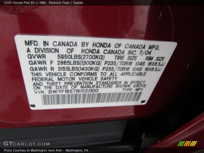 Info Tag of 2005 Pilot EX-L 4WD