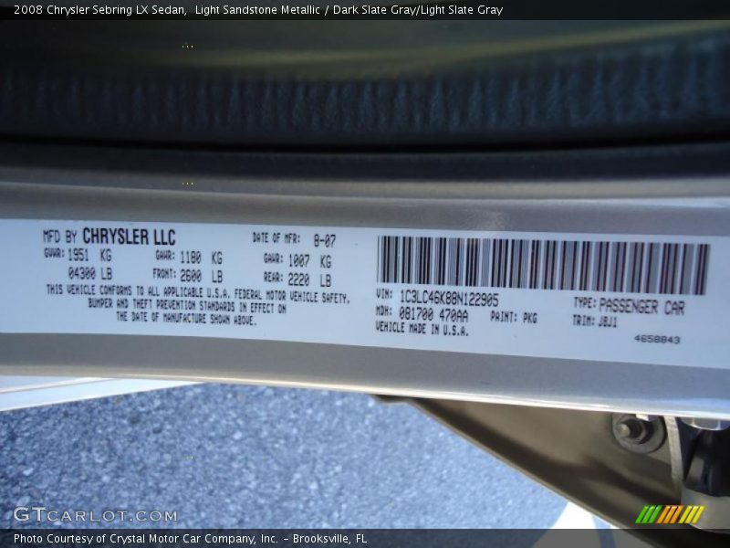 Light Sandstone Metallic / Dark Slate Gray/Light Slate Gray 2008 Chrysler Sebring LX Sedan