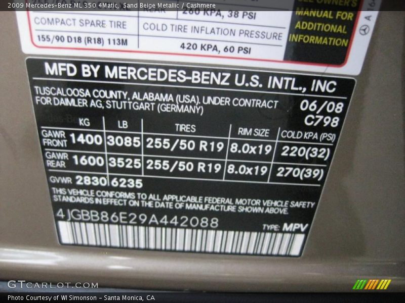Sand Beige Metallic / Cashmere 2009 Mercedes-Benz ML 350 4Matic