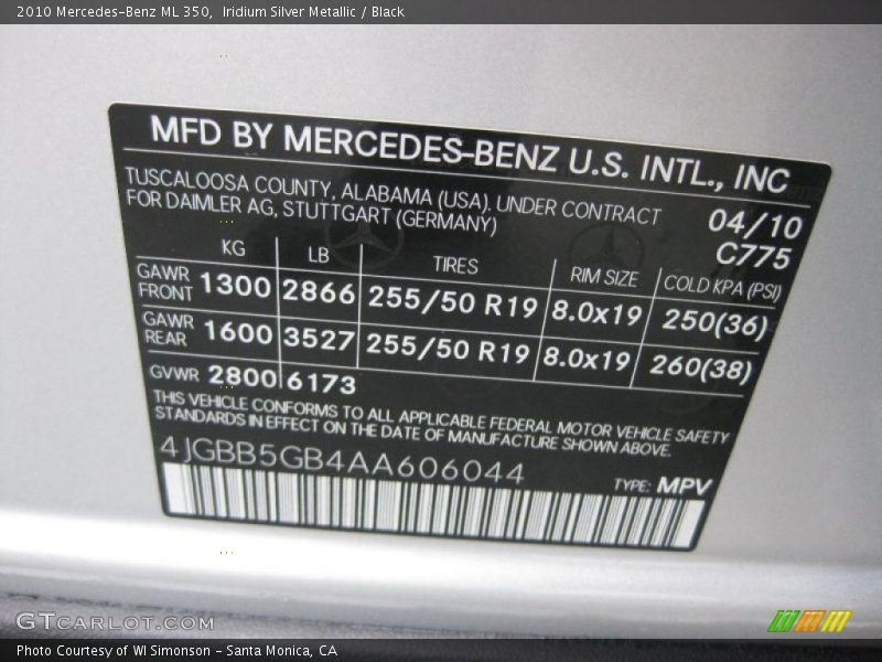 2010 ML 350 Iridium Silver Metallic Color Code 775