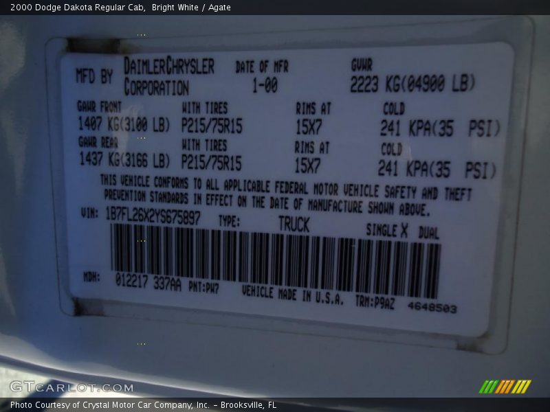 2000 Dakota Regular Cab Bright White Color Code PW7