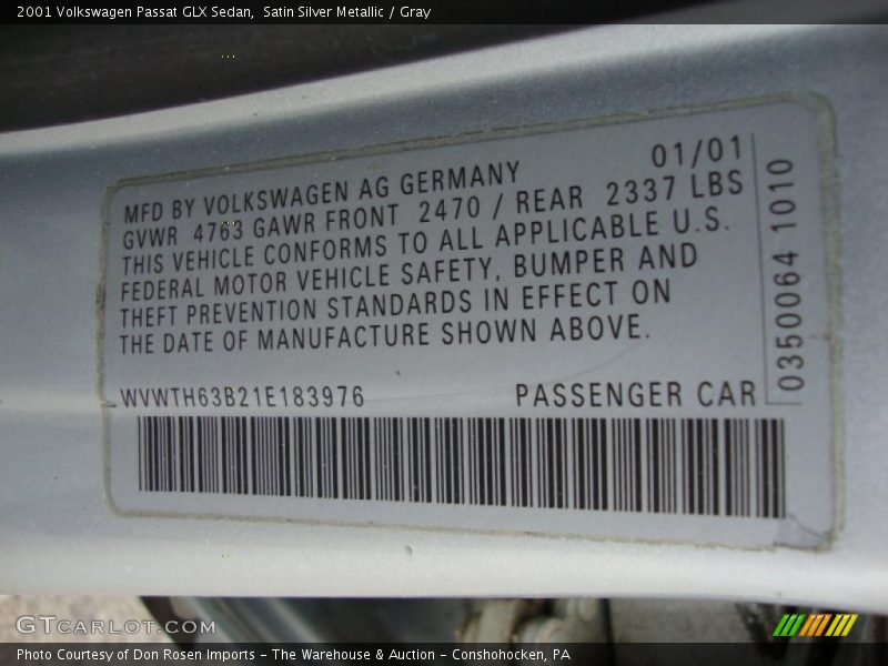 Satin Silver Metallic / Gray 2001 Volkswagen Passat GLX Sedan