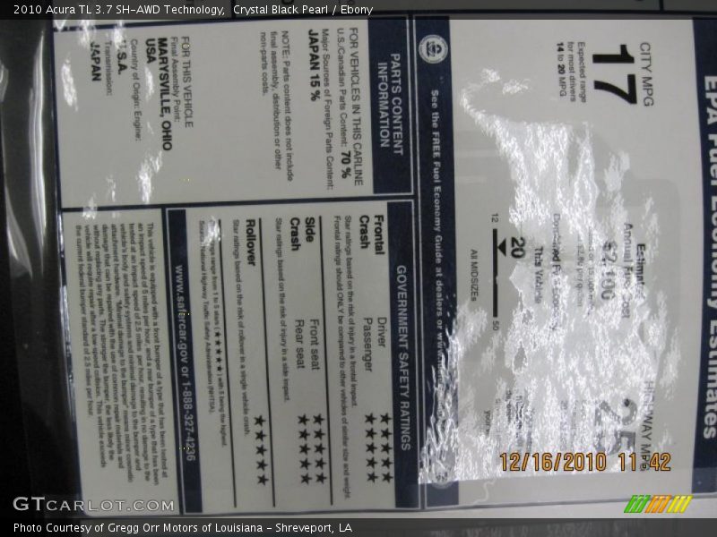  2010 TL 3.7 SH-AWD Technology Window Sticker
