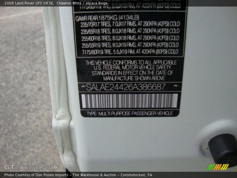 Info Tag of 2006 LR3 V8 SE