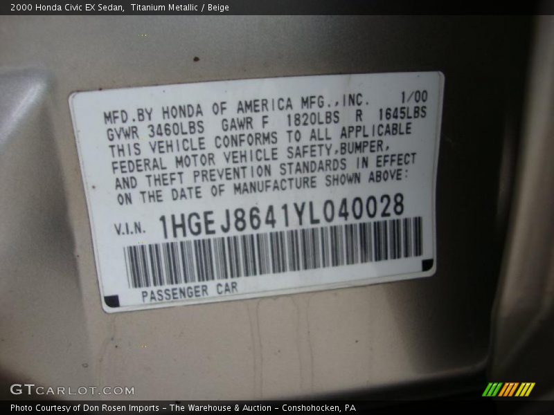 Titanium Metallic / Beige 2000 Honda Civic EX Sedan