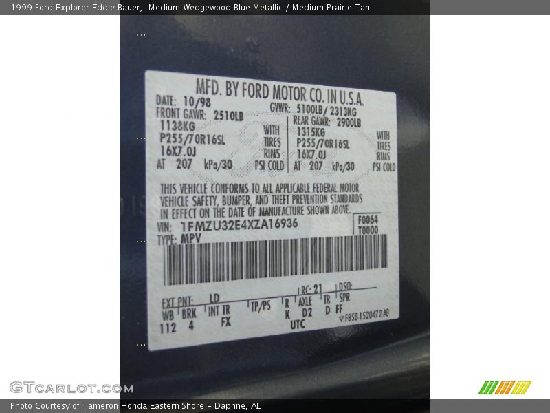 1999 Explorer Eddie Bauer Medium Wedgewood Blue Metallic Color Code LD