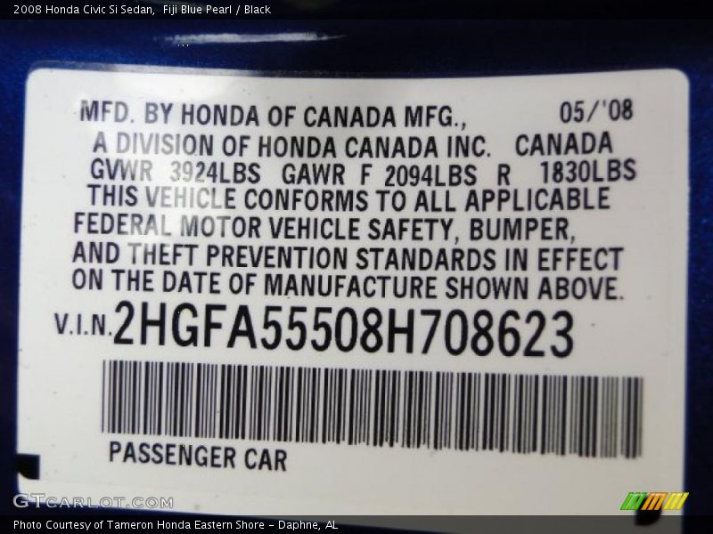 Fiji Blue Pearl / Black 2008 Honda Civic Si Sedan