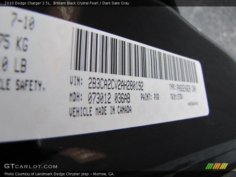 Brilliant Black Crystal Pearl / Dark Slate Gray 2010 Dodge Charger 3.5L