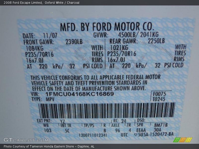 Oxford White / Charcoal 2008 Ford Escape Limited
