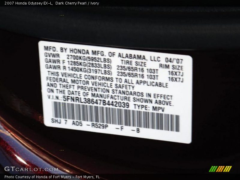 Dark Cherry Pearl / Ivory 2007 Honda Odyssey EX-L