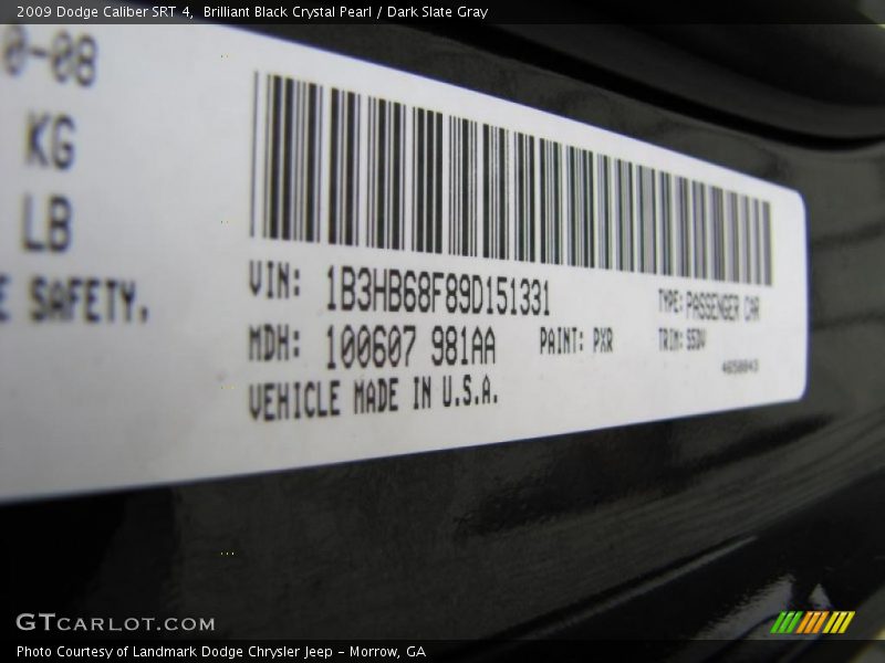 2009 Caliber SRT 4 Brilliant Black Crystal Pearl Color Code PXR