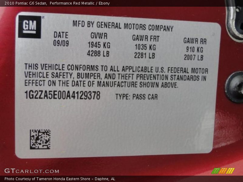 Performance Red Metallic / Ebony 2010 Pontiac G6 Sedan